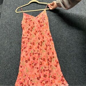 100% Silk Pink Floral Bias Cut Slip Dress Fairy Whimsical Cottage Date Coquette